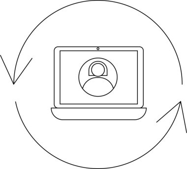 Dairesel oklarla çevrili ekranda bir kişi simgesi olan basit bir dizüstü bilgisayar resim simgesi.