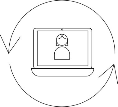Ekranda kadın yüzü olan basit bir dizüstü bilgisayar çizimi, çevrimiçi bir toplantıyı ya da video çağrısını temsil eden dairesel bir okla çevrili..