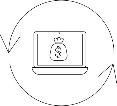 Yuvarlak oklarla çevrili para çantasını gösteren bir dizüstü bilgisayar. Çevrimiçi para alışverişini ve dijital finansı sembolize ediyor..