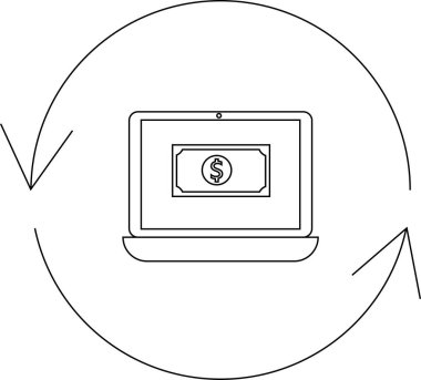 Çevre içi para transferini temsil eden dairesel bir okla çevrili bir dolar işareti gösteren dizüstü bilgisayarın basit bir çizgisi..
