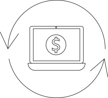 Yuvarlak bir okla çevrili, çevrimiçi para transferini sembolize eden bir dolar işareti gösteren dizüstü bilgisayarın basit bir çizgisi..