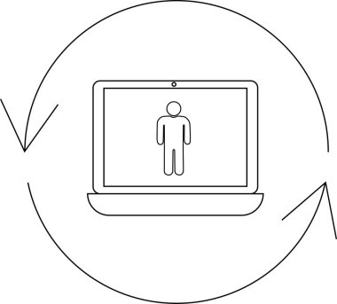 Bir kişi, çevrimiçi varlığı, etkileşimi ve dijital iletişimi sembolize eden dairesel bir okla çevrili bir laptop ekranında görüntülenir..