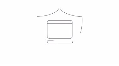 Bilgisayar ekranında adalet terazisi olan bir kalkanın dijital güvenliği ve yasal korumayı simgelediği animasyon hukuki teknoloji kavramı..