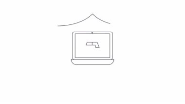 Animasyon siber güvenlik kalkanı ikonu dizüstü bilgisayarla birlikte. Dijital koruma, veri güvenliği ve çevrimiçi güvenliği temsil ediyor. Teknoloji, güvenlik ve internetle ilgili içerik için ideal.