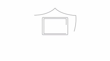 Siber güvenliği ve virüslere ve çevrimiçi tehditlere karşı korumayı simgeleyen bir kalkanın içindeki dizüstü bilgisayarın tasviri. Teknoloji ve güvenlik temaları için basit ve temiz tasarım.