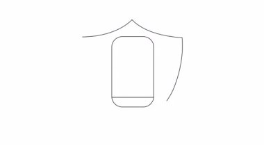 Güvenli bir seyahat uygulamasının minimalist çizgisi çizimi. Koruyucu bir kalkanın içinde uçak ikonu olan bir telefon var..