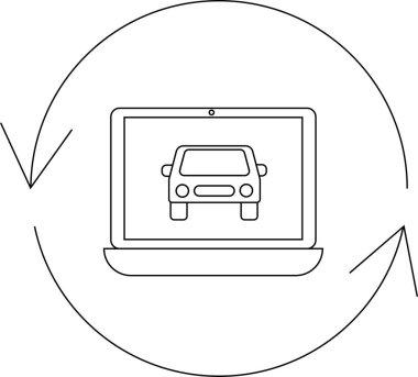 Bir dizüstü bilgisayar, otomotiv teknolojisindeki veri güncellemelerini veya senkronizasyonu sembolize eden dairesel oklarla çevrili bir arabayı ekranda gösterir..
