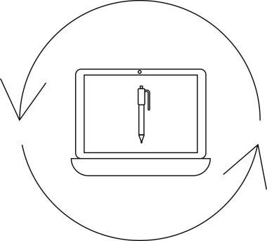 Bir dizüstü bilgisayar, dijital içerik oluşturma, düzeltme ve tasarım ve geliştirme süreçlerini sembolize eden dairesel bir okla çevrili bir kalem simgesi gösterir..