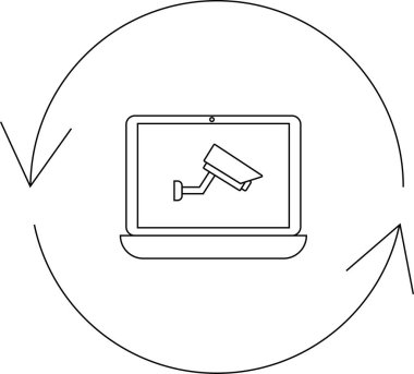 Bir dizüstü bilgisayar ekranı bir güvenlik kamerası simgesi gösteriyor, dairesel bir okla çevrili, gözetleme ve teknoloji entegrasyonunu simgeliyor..