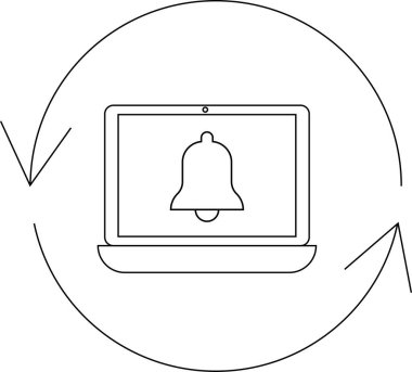 Bildirim çanı simgesini gösteren, dairesel oklarla çevrili, güncellemeleri ve uyarıları simgeleyen bir dizüstü bilgisayar.