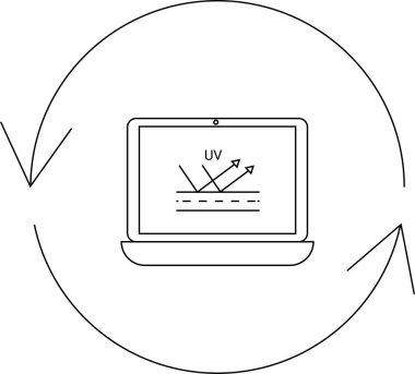 Dairesel oklarla çevrili, teknolojiyi ve korumayı sembolize eden UV yansımasını gösteren bir dizüstü bilgisayar görüntüsü.