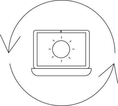 Güncellemeleri veya parlaklığı sembolize eden dairesel tazeleme oklarıyla çevrili bir güneş simgesini gösteren bir dizüstü bilgisayarın minimalist çizgisi çizimi.