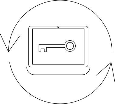 Tazelenmiş oklarla çevrili anahtar simgesini gösteren bir dizüstü bilgisayar sistemleri için veri koruması ve güvenlik güncellemelerini sembolize eder.