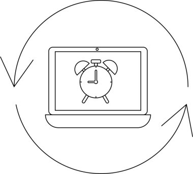 Çalar saat simgesini gösteren, zaman yönetimi ve dijital hatırlatıcıları sembolize eden dairesel bir okla çevrili bir dizüstü bilgisayar.