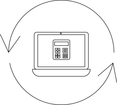 Bir dizüstü bilgisayar, dairesel bir okla çevrili, yazılım güncellemesini, veri işlemeyi veya finans alanındaki teknolojik ilerlemeyi sembolize eden bir hesap makinesi simgesi gösterir..