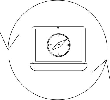 Bir dizüstü bilgisayar, dairesel okla çevrili bir pusula simgesini gösterir, navigasyon ve teknoloji entegrasyonunu sembolize eder.