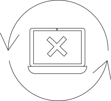 Ekranda çapraz işaretli bir dizüstü bilgisayar, dairesel oklarla çevrili, tazelemeyi, hatayı veya güncellemeyi simgeliyor.