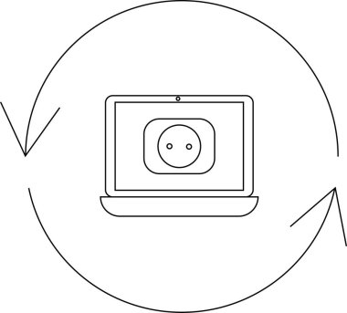 Dairesel oklarla çevrili, enerji, güç ve teknolojiyi temsil eden bir elektrik çıkış sembolünü gösteren bir dizüstü bilgisayar..
