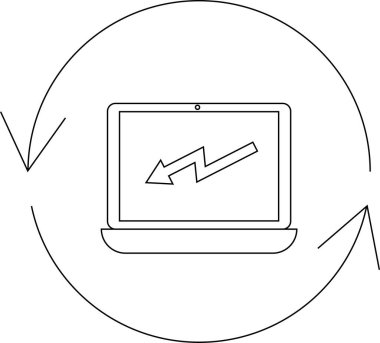 Yuvarlak yenileme sembolü ile çevrili, aşağı doğru eğimli bir oku gösteren bir dizüstü bilgisayar, veri kaybını veya sistem arızasını gösterir.