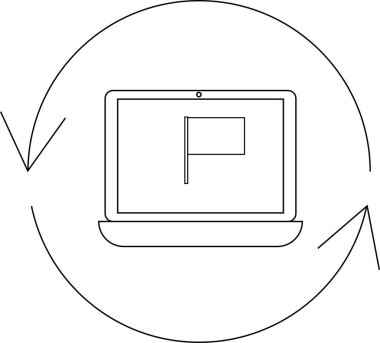 Bir dizüstü bilgisayar, dijital bağlamda güncellemeleri veya senkronizasyonu sembolize eden dairesel bir okla çevrili bir bayrak simgesi gösterir.