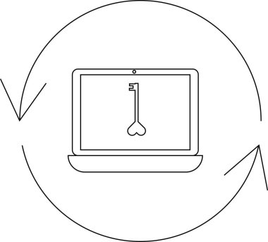 Bilgisayarda, dijital ortamda güvenlik, veri koruması ve şifrelemeyi sembolize eden, döndürme oklarıyla çevrili bir anahtar simgesi gösteriliyor.