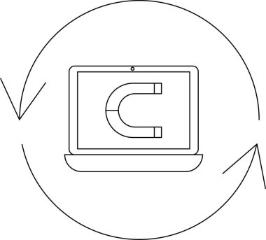 Mıknatıs simgesini gösteren bir dizüstü bilgisayarın minimalist çizgisi çizimi, oklarla çevrelenmiş, çekim gücü veya dijital manyetizmayı simgeliyor..