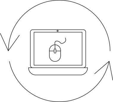 Fare simgesine sahip bir dizüstü bilgisayar, minimalist bir dizaynda yenilenmeyi, güncellenmeyi veya senkronizasyonu sembolize eden dairesel bir okla çevrilidir..