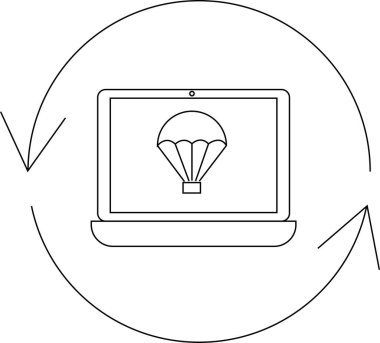 Bir dizüstü bilgisayar dairesel okla çevrili bir paraşüt simgesini gösterir, veri yedeklemesini, kurtarmayı ya da acil durum sistem restorasyonunu sembolize eder.