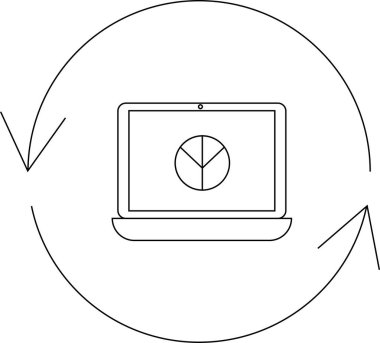 Bir dizüstü bilgisayar, oklarla çevrelenmiş, veri analizini ve döngüsel süreçleri sembolize eden bir pasta grafiği gösterir.
