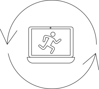 Bir dizüstü bilgisayar, dairesel oklarla çevrili, süreci, hareketi ve teknoloji entegrasyonunu sembolize eden çalışan bir figür gösterir..