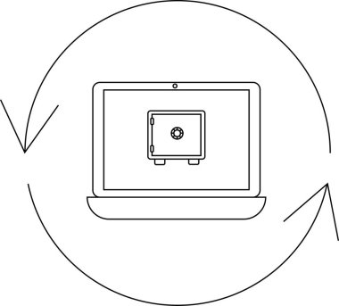 Bir dizüstü bilgisayar, dijital ortamda veri güvenliğini ve korumayı sembolize eden dairesel oklarla çevrili güvenli bir simge gösterir..