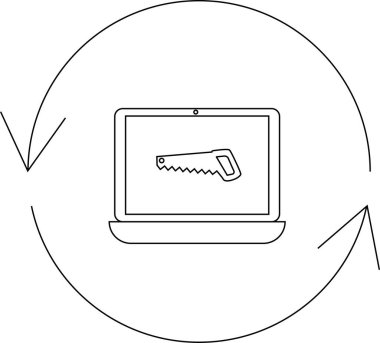 Bir dizüstü bilgisayar, dairesel bir okla çevrili bir testereyi gösterir, yazılım veya tamir için dijital araçlar önerir.