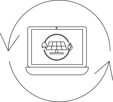 Bir güneş paneli simgesini gösteren, sürdürülebilir teknolojiyi, yenilenebilir enerjiyi ve çevre dostu bilgisayar çözümlerini sembolize eden bir dizüstü bilgisayar.