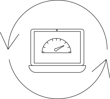 Hız göstergesi gösteren bir dizüstü bilgisayar, performans optimizasyonunu ve teknolojideki sürekli gelişmeyi sembolize eden dairesel bir okla çevrilidir..