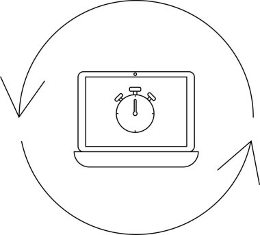 Kronometre simgesini gösteren bir dizüstü bilgisayar, dijital ortamda zaman yönetimi, verimliliği veya sürekli süreç izlemesini sembolize eden bir döngü okuyla çevrilidir..