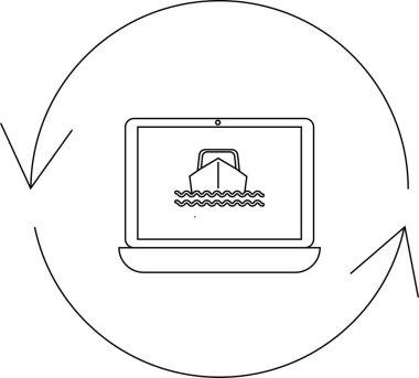Dairesel oklarla çevrili bir tekneyi su üstünde gösteren dizüstü bilgisayarın basit bir çizgisi çizimi çevrimiçi tekne rezervasyon sistemini sembolize ediyor..