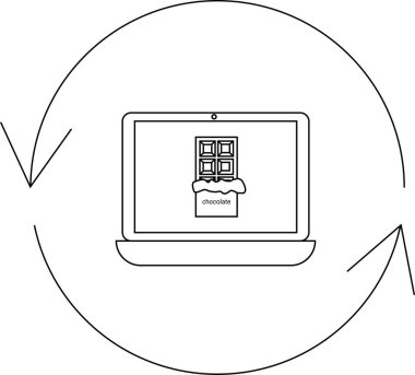 Bir dizüstü bilgisayarda, çevrimiçi alışveriş ve çikolata ürünlerinin teslimatını sembolize eden dairesel oklarla çevrili bir çikolata çubuğu görülüyor..