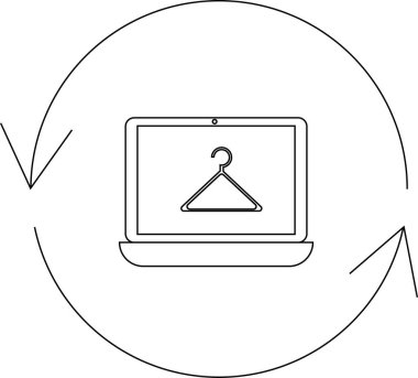 Dairesel oklarla çevrili bir elbise askısı ikonunu gösteren bir dizüstü bilgisayarın minimalist çizgisi çizimi, çevrimiçi kıyafet alışverişini veya moda teknolojisini sembolize ediyor..