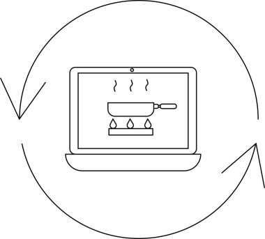 Bir dizüstü bilgisayar, oklarla çevrili bir tavayla yemek pişirme sahnesini, çevrimiçi aşçılık derslerini ve aşçılık eğitimini sembolize eder..