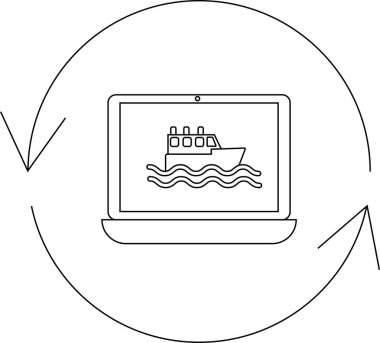 Çevresindeki dairesel okla çevrili bir yolcu gemisini gösteren dizüstü bilgisayarı gösteren basit bir çizgi resim ikonu, çevrimiçi gezi rezervasyonunu temsil ediyor..