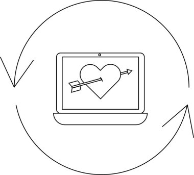 Bir dizüstü bilgisayarda, çevrimiçi tarihleme ve dijital dünyadaki bağlantıyı sembolize eden, dairesel bir okla çevrelenmiş bir kalp görülüyor..