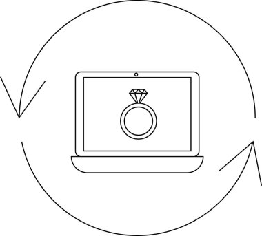 Bir dizüstü bilgisayarda, çevrimiçi alışveriş ve nişan planlarını sembolize eden dairesel oklarla çevrili bir nişan yüzüğü görülüyor..