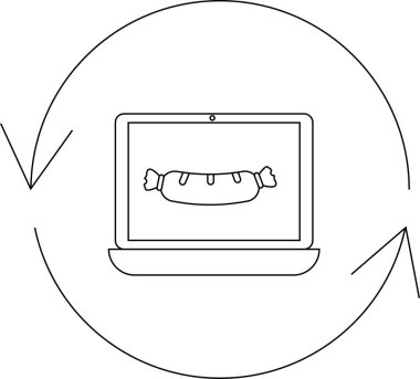 Bir dizüstü bilgisayar bir sosis simgesi gösterir, dairesel ok içinde sipariş veren çevrimiçi yiyecekleri sembolize eder, sipariş ve teslimat döngüsünü temsil eder..