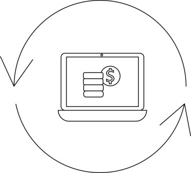 Çevrimiçi para transferini tasvir eden basit bir çizgi sanat simgesi, üzerinde bir dolar işareti olan bir dizüstü bilgisayar, dairesel bir okla çevrili..