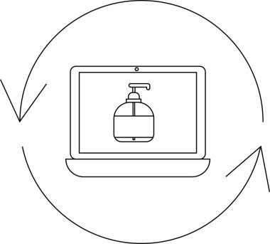 Bir dizüstü bilgisayar ekranında el dezenfektanı şişesi, dairesel bir okla çevrelenmiş, hijyen kaynakları ve bilgilere çevrimiçi erişimi sembolize ediyor..