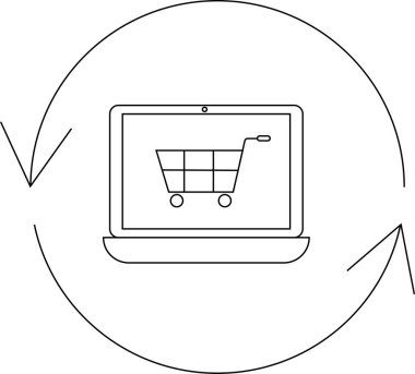Dairesel oklarla çevrili bir alışveriş arabası simgesini gösteren bir dizüstü bilgisayar çevrimiçi alışveriş döngüsünü ve e-ticaret süreçlerini sembolize ediyor..