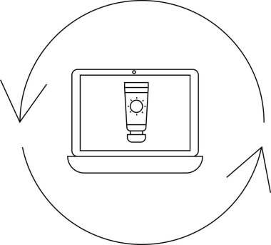 Bir dizüstü bilgisayar ekranında, güneş koruması ve cilt bakımı için çevrimiçi alışverişi sembolize eden dairesel oklarla çevrili bir güneş kremi tüpü görülüyor..