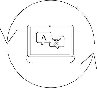 Bir dizüstü bilgisayar dil çevirisini gösterir, küresel iletişimi sembolize eder ve dilsel bölünmelerin dairesel bir okla birleştirilmesindeki teknolojik rolü.