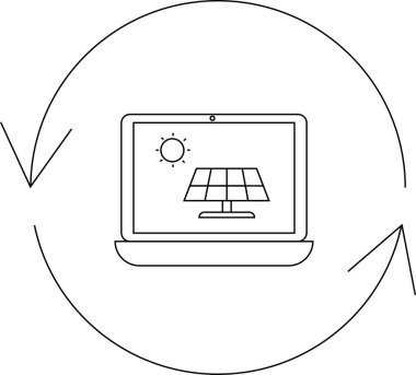Dairesel oklarla çevrili, yenilenebilir enerji ve teknolojik gelişmeyi sembolize eden güneş ve güneş panelini gösteren bir dizüstü bilgisayar tasviri.