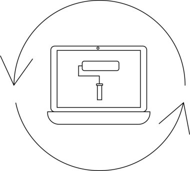 Boya silindiri simgesini gösteren, yenilenmiş bir sembolle çevrili, web sitesini yeniden tasarlayan ve güncelleyen bir dizüstü bilgisayarın minimalist çizgisi çizimi..